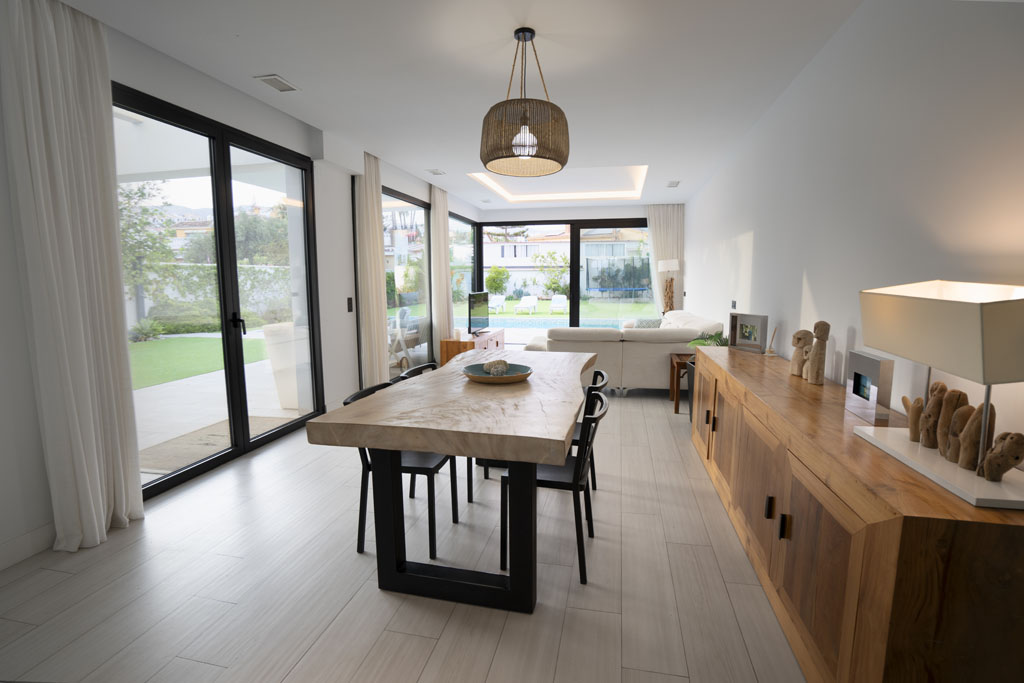 a dining table in a room